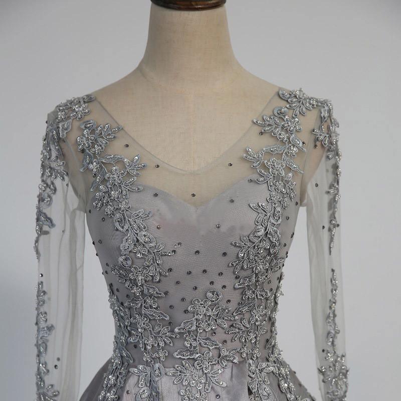 Vintage V-Neck Long Sleeves Appliques Beading Long Evening Dress PG364 - Tirdress