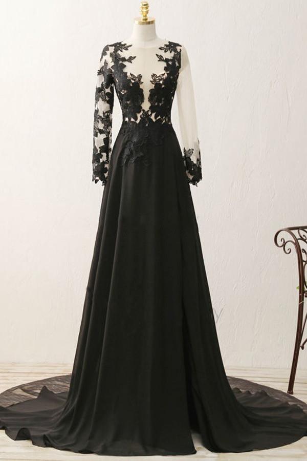 A-Line V-Neck Long Sleeves Split Black Prom Dress With Appliques TP0083 - Tirdress