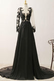 A-Line V-Neck Long Sleeves Split Black Prom Dress With Appliques TP0083 - Tirdress