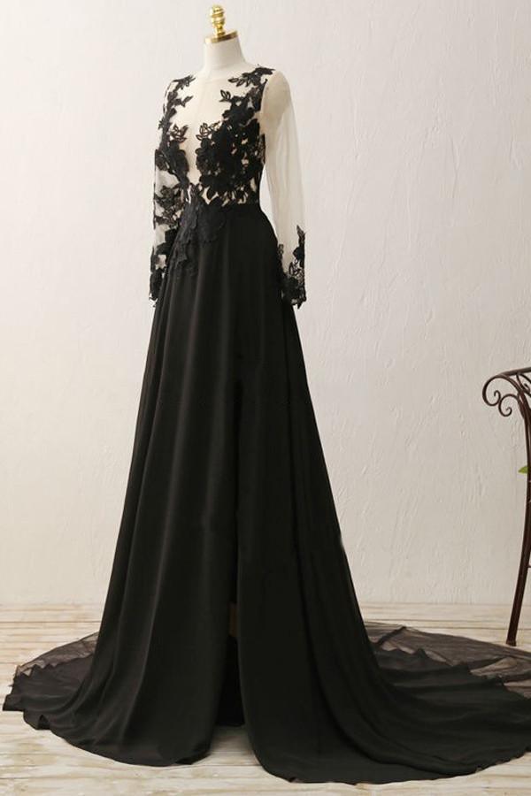 A-Line V-Neck Long Sleeves Split Black Prom Dress With Appliques TP0083 - Tirdress