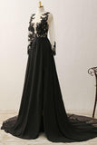 A-Line V-Neck Long Sleeves Split Black Prom Dress With Appliques TP0083 - Tirdress
