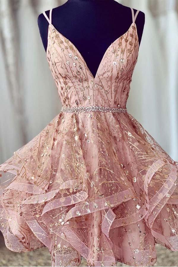 pink short homecoming dresses sequined party dress v-neck evening dress HD0118 - Tirdress