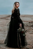 Appliqued A-Line Lace Black Wedding Dress Bridal Gown TD0004