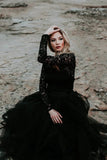 Appliqued A-Line Lace Black Wedding Dress Bridal Gown TD0004