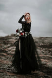 Appliqued A-Line Lace Black Wedding Dress Bridal Gown TD0004
