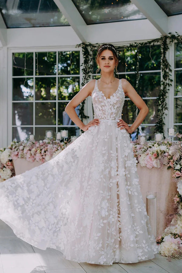 3D Floral Lace V Neck Floor Length Bohemian Wedding Dress TN374-Tirdress