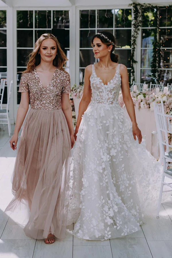 3D Floral Lace V Neck Floor Length Bohemian Wedding Dress TN374-Tirdress