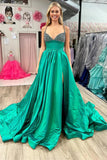 A-Line Emerald Beaded V-Neck Long Prom Dress with Slit TP1305