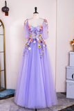 A-Line Lavender Floral Puff Sleeves Tulle Long Prom Dress TP1263