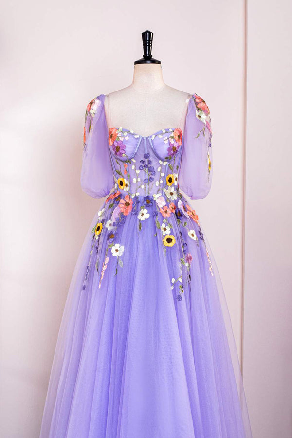 A-Line Lavender Floral Puff Sleeves Tulle Long Prom Dress TP1263-Tirdress