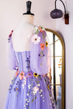 A-Line Lavender Floral Puff Sleeves Tulle Long Prom Dress TP1263-Tirdress