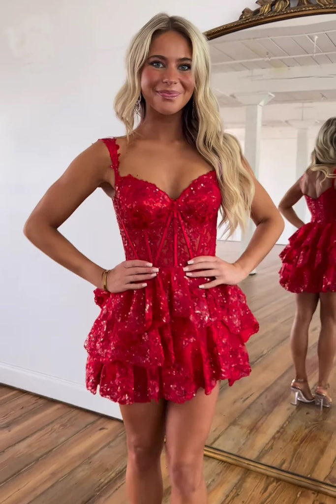 A-Line Sequins Appliques Red Short Homecoming Cocktail Dress HD0203-Tirdress