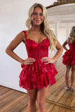 Robe de cocktail courte rouge à paillettes en forme de A HD0203