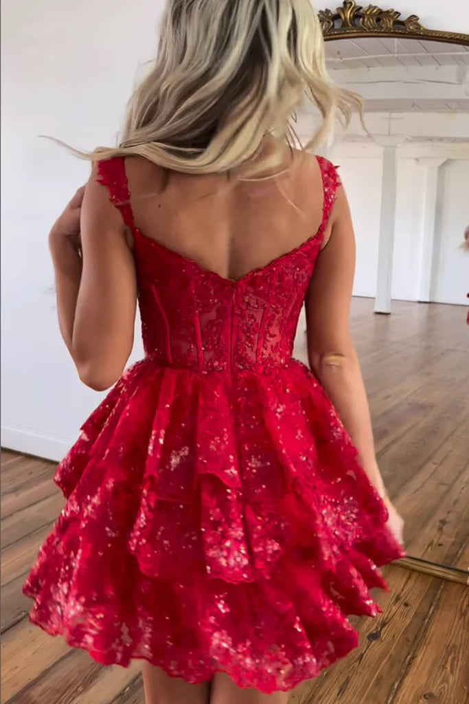 A-Line Sequins Appliques Red Short Homecoming Cocktail Dress HD0203-Tirdress