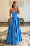 A-Line Spaghetti Straps Simple Blue Prom Dress with Pockets TP1246