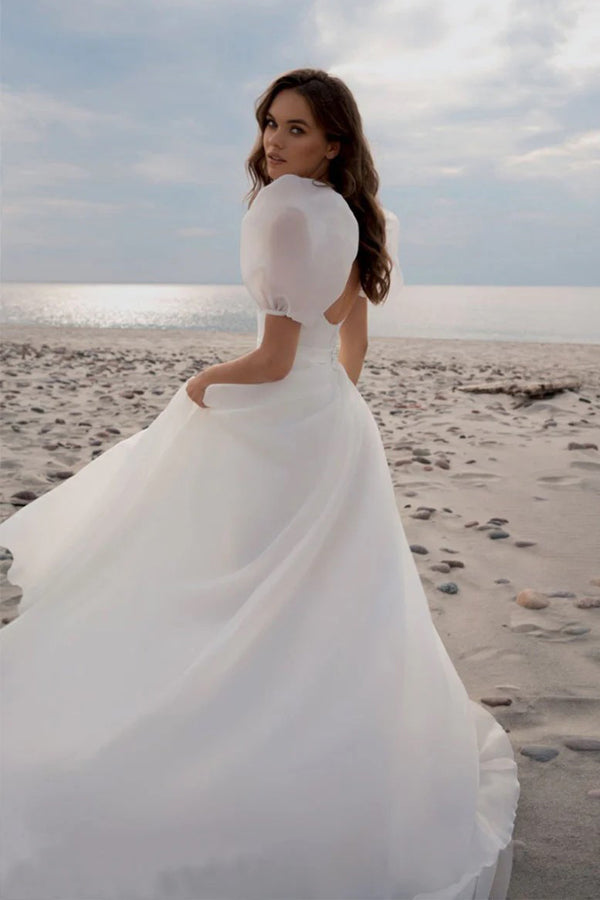 A-Line Square Neck Short Sleeves Vintage Wedding Dress TD001 US6 / Custom Color A-Line Square Neck Short Sleeves Vintage Wedding Dress TD001 US6 / Custom Color