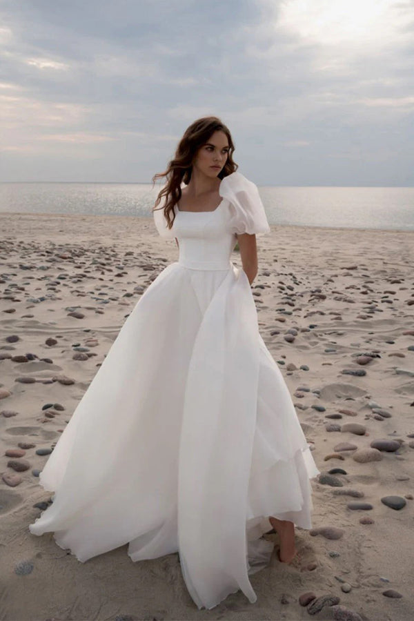 Beach Thigh High Short Sleeve Wedding Dress Modest Cap Sleeves