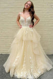 A-Line Straps V-Neck Empire Waist Lace Appliques Ruffles Prom Dress-Tirdress