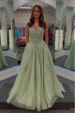 A-Line Sweetheart Strapless Tulle Lace Appliques Green Prom Dress