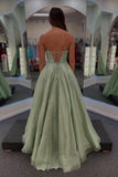 A-Line Sweetheart Strapless Tulle Lace Appliques Green Prom Dress-Tirdress