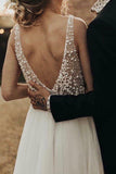 A-Line V-Neck Backless Sweep Train Tulle Sexy Wedding Dress with Pearls TN221-Tirdress