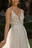 A-Line V-Neck Lace Appliques Beach Wedding Dress Boho Bridal Gown-Tirdress