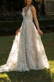 A-Line V-Neck Lace Appliques Beach Wedding Dress Boho Bridal Gown-Tirdress