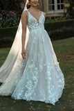 A-Line V-Neck Lace Appliques Beach Wedding Dress Boho Bridal Gown