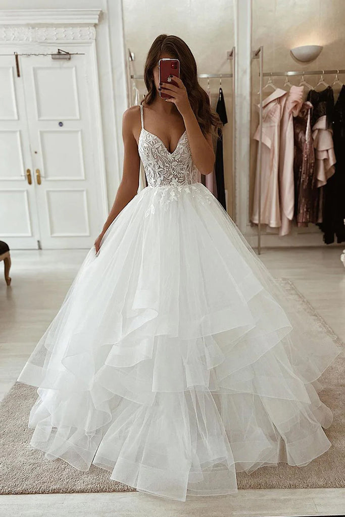 A-Line V-Neck Spaghetti Straps Tulle Boho Wedding Dress Bridal Gown TN367-Tirdress