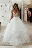 A-Line V-Neck Spaghetti Straps Tulle Boho Wedding Dress Bridal Gown TN367