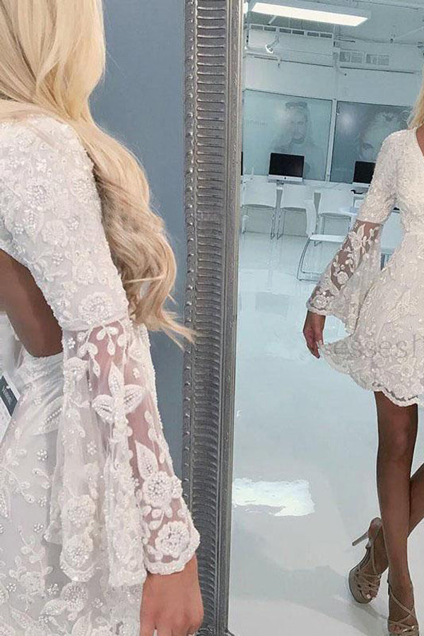 A-Line V-neck Open Back Bell Sleeves Short Ivory Lace Homecoming Dress HD0014-Tirdress