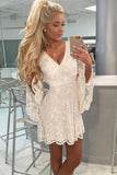 A-Line V-neck Open Back Bell Sleeves Short Ivory Lace Homecoming Dress HD0014