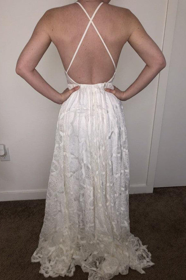 A-Line Halter Backless Sweep Train White Lace Wedding Dress with Pleats TN235-Tirdress