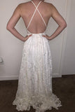 A-Line Halter Backless Sweep Train White Lace Wedding Dress with Pleats TN235-Tirdress
