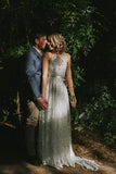A-Line Halter Backless Sweep Train White Lace Wedding Dress with Pleats TN235-Tirdress
