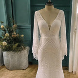 A-Line Long Sleeve Boho Wedding Dress Beach Wedding Gown-Tirdress