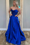 A-Line Strapless Scoop Pleated Satin Royal Blue Prom Dress-Tirdress