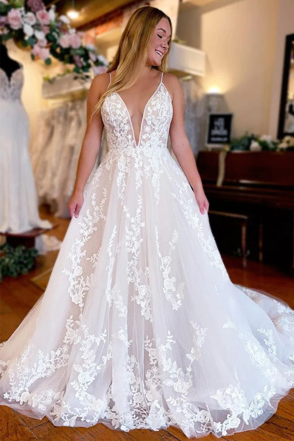 A-Line V Neck Spaghetti Straps Ivory Long Wedding Dress TD0021-Tirdress