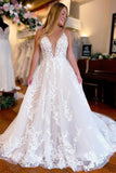 A-Line V Neck Spaghetti Straps Ivory Long Wedding Dress TD0021