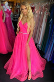 A-line Hot Pink Tulle Stylish Crystal Belt Prom Dress With Slit-Tirdress