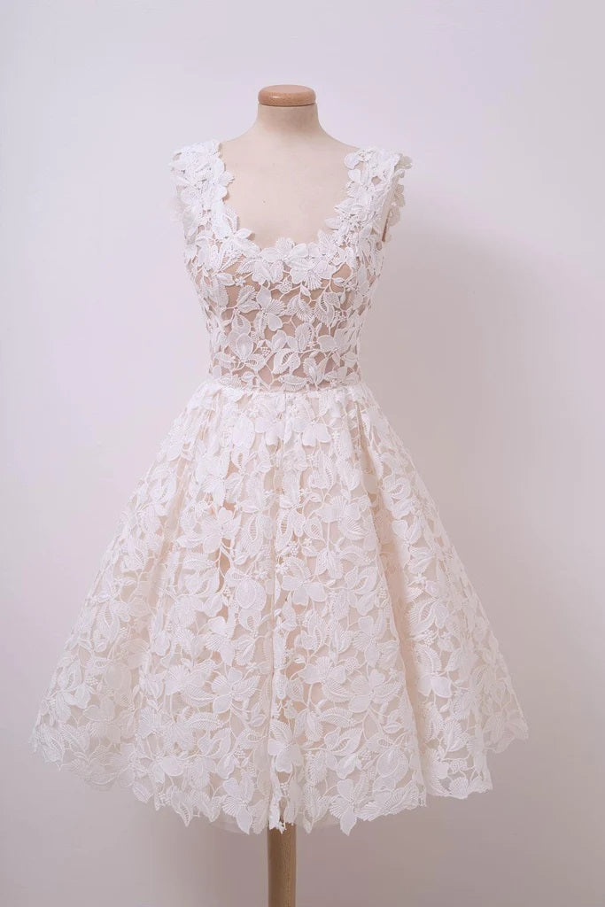 A-line Ivory Lace Homecoming Dresses Square Neck Short Prom Dress HD0061 - Tirdress
