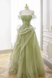 A-line Off Shoulder Green Prom Dress Party Dress With Corset TP1421