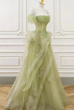 A-line Off Shoulder Green Prom Dress Party Dress With Corset TP1421-Tirdress
