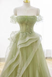 A-line Off Shoulder Green Prom Dress Party Dress With Corset TP1421-Tirdress