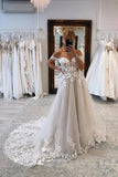 A-line Off The Shoulder Lace Applique Wedding Dresses With Court Train TN376