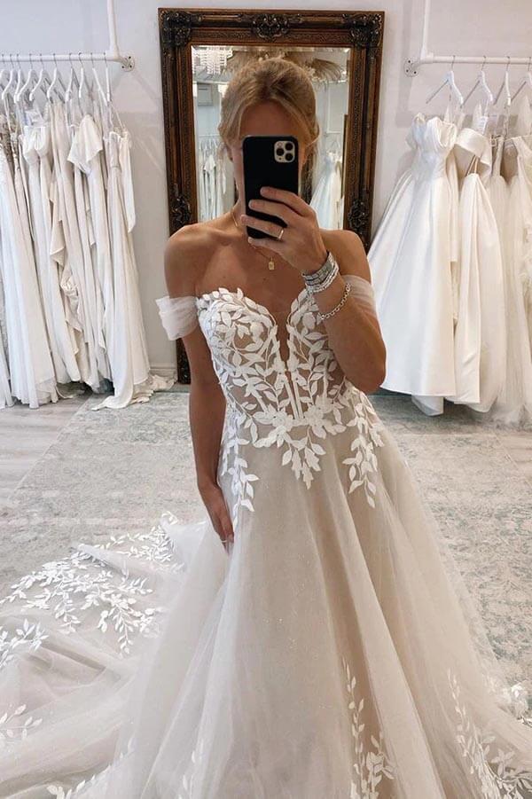 A-line Off The Shoulder Lace Applique Wedding Dresses With Court Train –  Tirdress