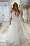 A-line Off the Shoulder Tulle Beach Wedding Dress With Lace Appliques-Tirdress
