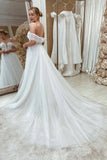 A-line Off the Shoulder Tulle Beach Wedding Dress With Lace Appliques-Tirdress
