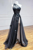 A-line One Shoulder 3d Lace Appliques Black Long Prom Dress With Slit TP1230-Tirdress