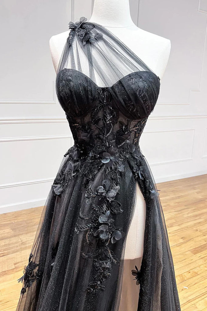A-line One Shoulder 3d Lace Appliques Black Long Prom Dress With Slit TP1230-Tirdress